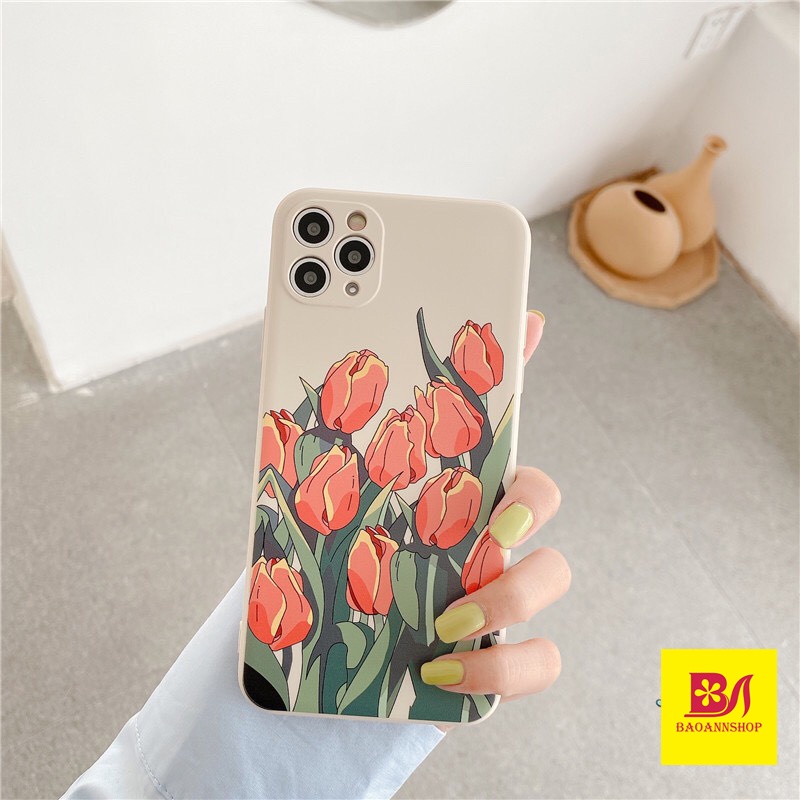 Ốp lưng iphone hình Hoa Tulip Dẻo Viền Vuông H05 bảo về camera iphone 7plus/8plus/x/xs/xsmax/11/12/13/promax
