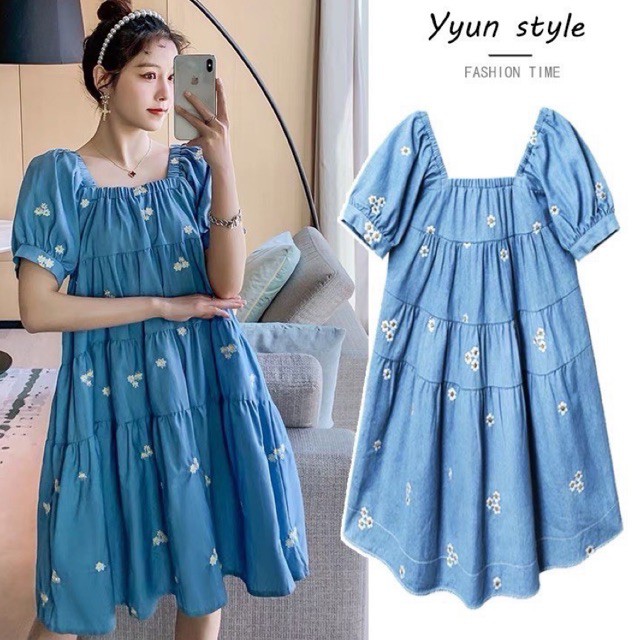 Váy đầm babydol xanh tầng hoa nhí tay bồng cổ vuông đôi mẹ/bé siêu xinh L1