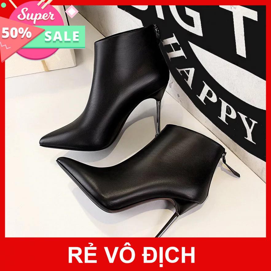 BH 6 tháng_Bốt nữ cao cấp_Bốt nữ thấp cổ da lì gót nhọn 9cm. Boot nữ ngắn cổ xịn tôn dáng.