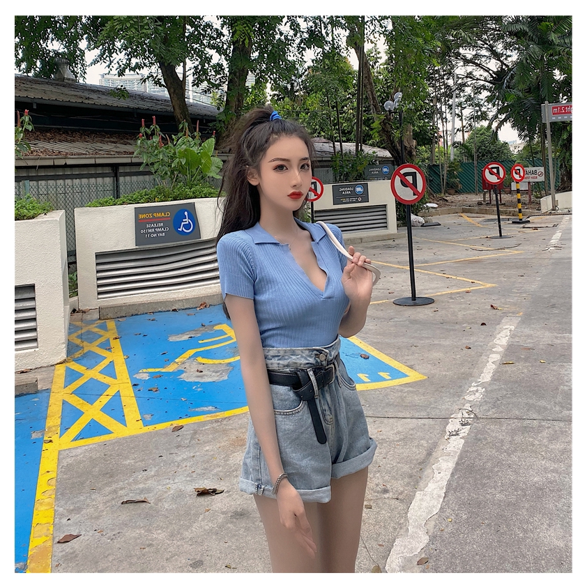 Áo dệt kim SUXI ngắn tay cổ chữ V phong cách retro