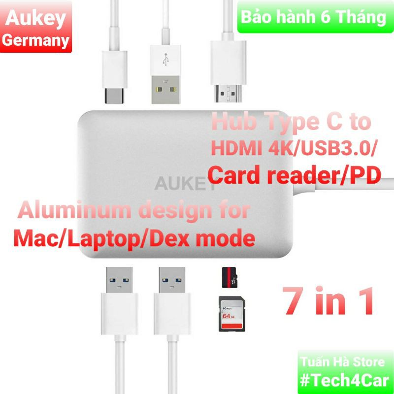 Bộ cáp chuyển đổi Hub 7 in 1 Aukey CB-C49 Type C to sang HDMI USB3.0 SD cho Samsung Dex Laptop Macbook