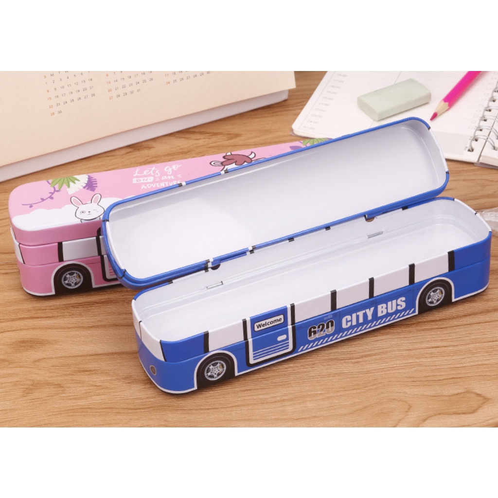 Hộp bút tiểu học kim loại hai ngăn hình ô tô bus - 1 chiếc - hình ngẫu nhiên