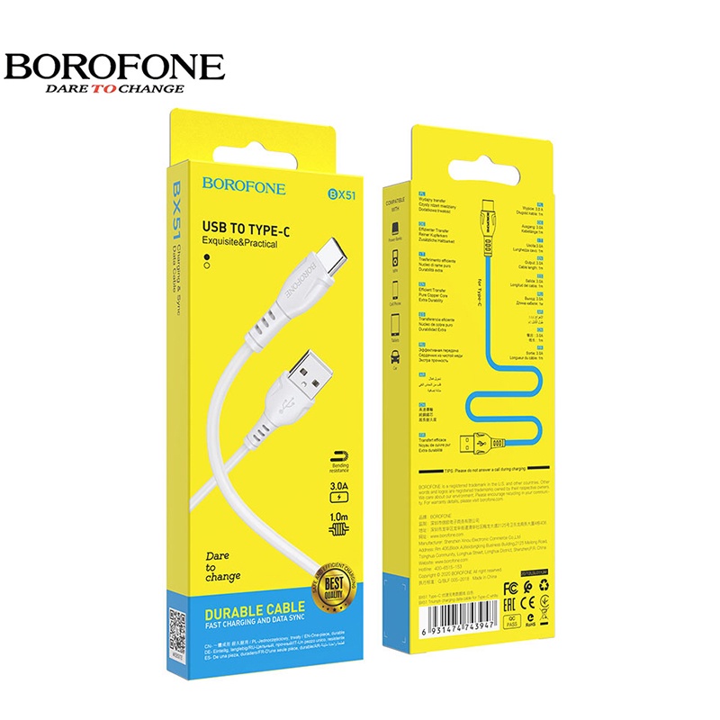 Dây sạc nhanh 2.4A chính hãng Borofone BX51 chống rối dây dài 1m, cáp sạc cho các dòng điện thoại - BH 12 tháng