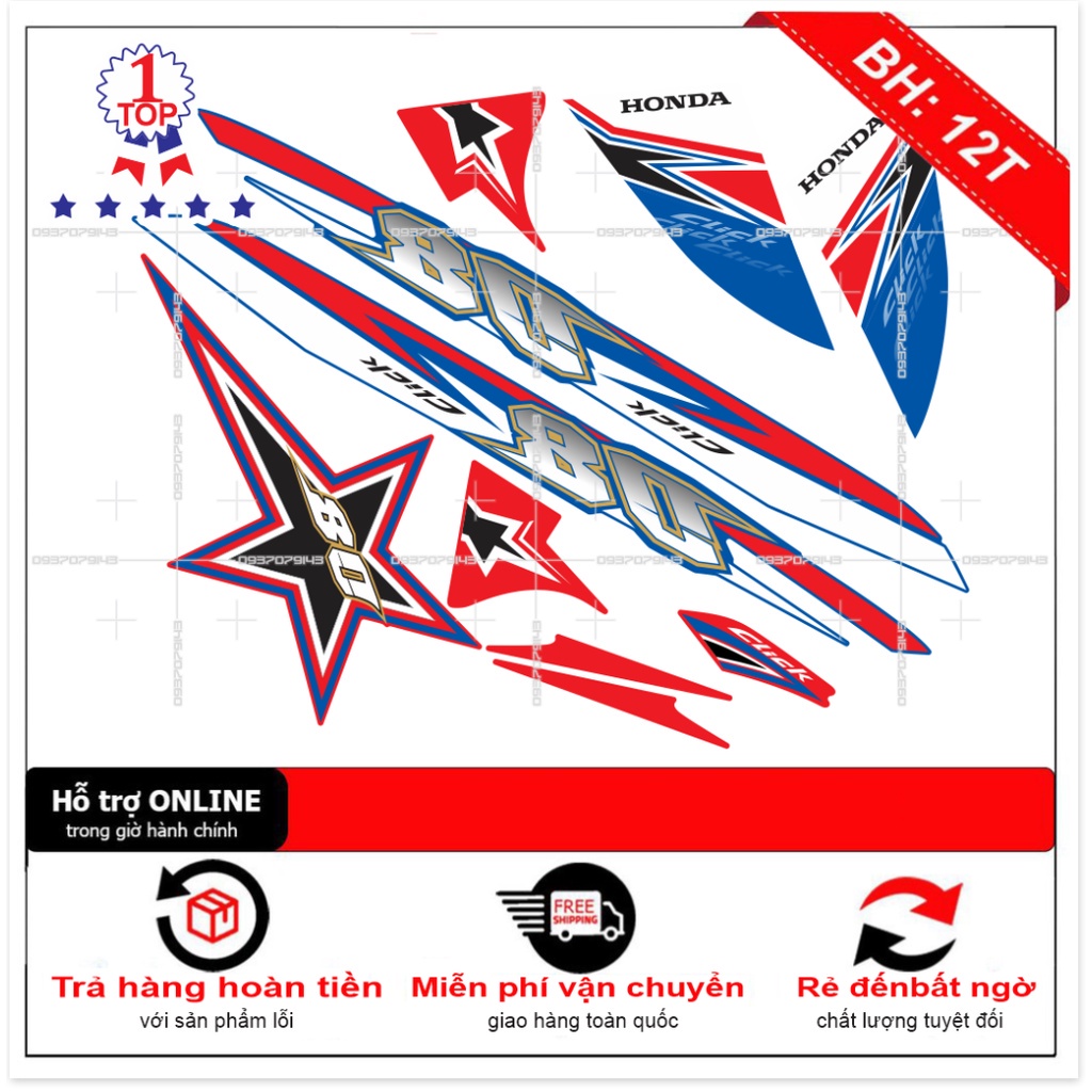 ( Quí khách vui lòng mang ra tiệm cho thợ dán ) Tem Click 110 ngôi sao trắng xanh