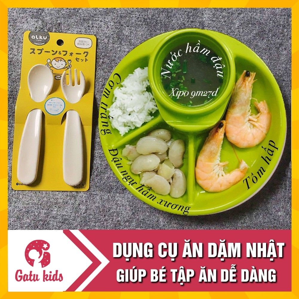 Combo ăn dặm: 1 Khay ăn dặm 4 ngăn Inomata và 1 Set Thìa Dĩa Inomata- Hàng Nhật