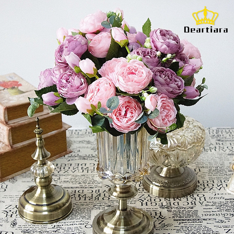 Bó hoa mẫu đơn giản bằng lụa sống động trang trí cho nhà / tiệc cưới