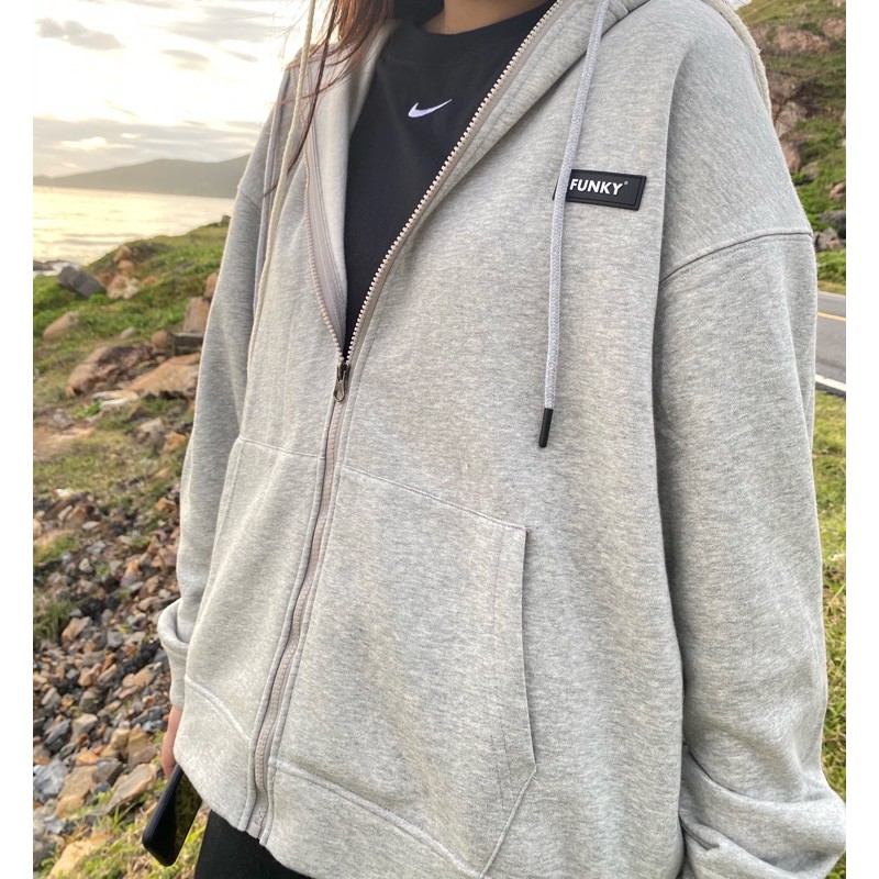 ÁO KHOÁC HOODIE ZIP NAM NỮ CÓ MŨ RỘNG UNISEX MÀU GREY FUNKY