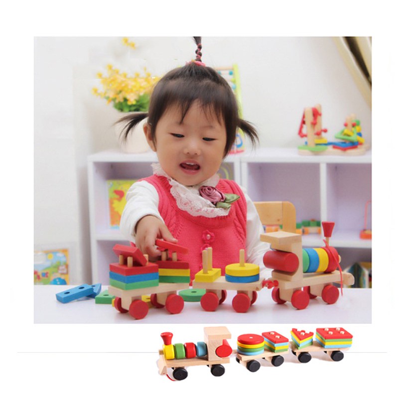 Bộ Đồ Chơi  Đoàn Tàu Hỏa 4 Toa Bằng Gỗ Hình Học