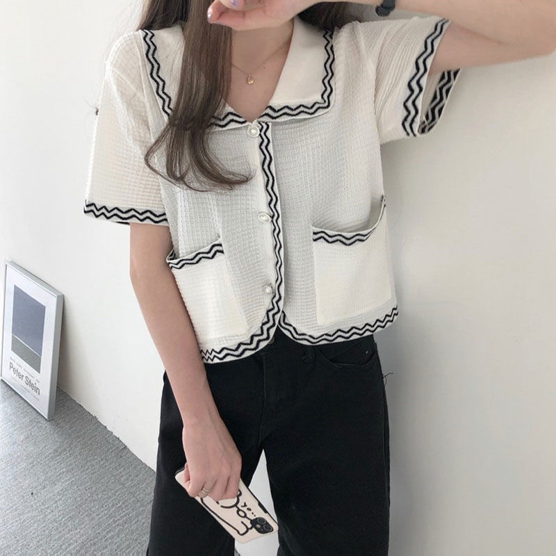 Áo Cardigan Dệt Kim Mỏng Tay Ngắn Cổ Búp Bê Kiểu Pháp Thời Trang Mùa Hè Hàng Mới Dành Cho Bạn Nữ