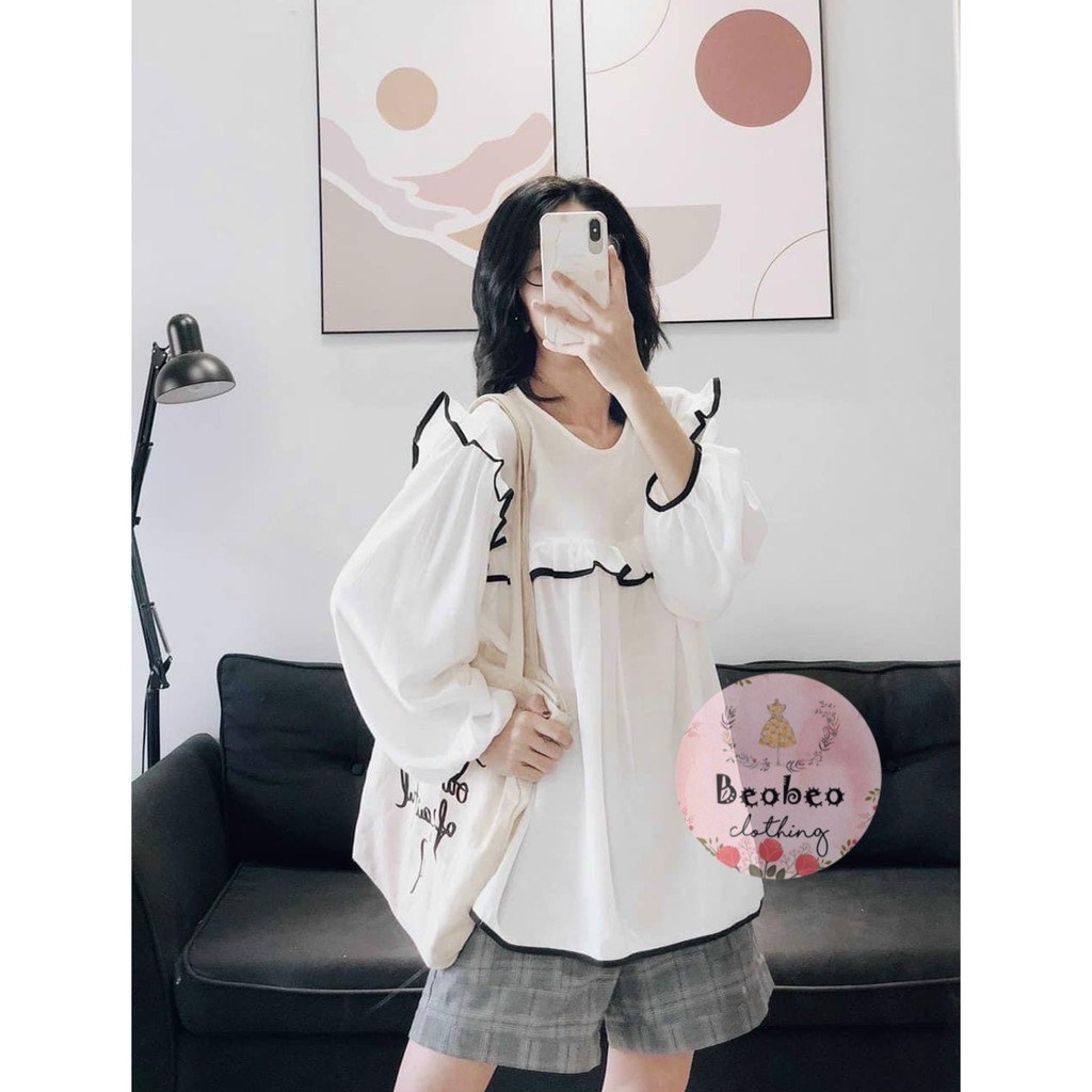 Áo babydoll sơ mi tay bo phồng bèo viền đen dễ thương