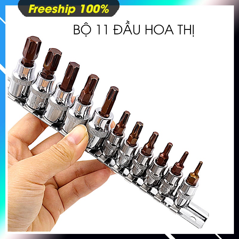 Bộ mũi vít đầu vặn hoa thị - 11 đầu phủ bề mặt nâu đỏ từ T10 đến T60 bền đẹp chắc .