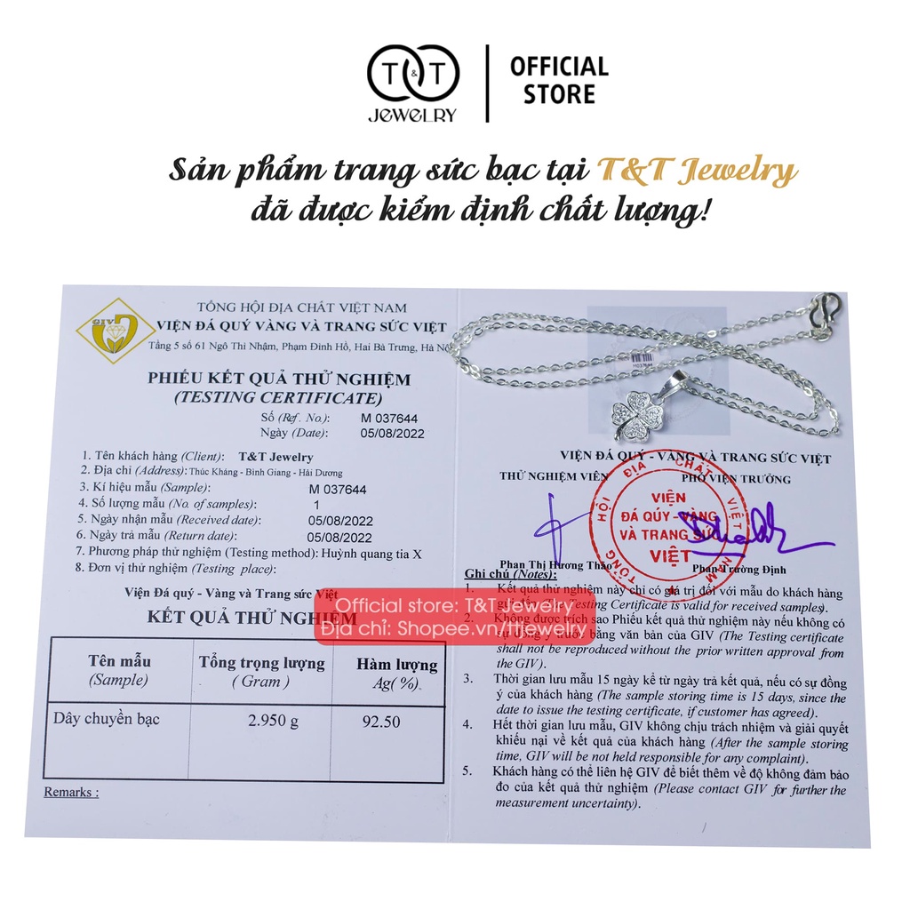 Dây chuyền Bạc nữ Hoa Bốn Lá s925 Mặt Đá Tròn T&amp;T Jewelry cao cấp DC04