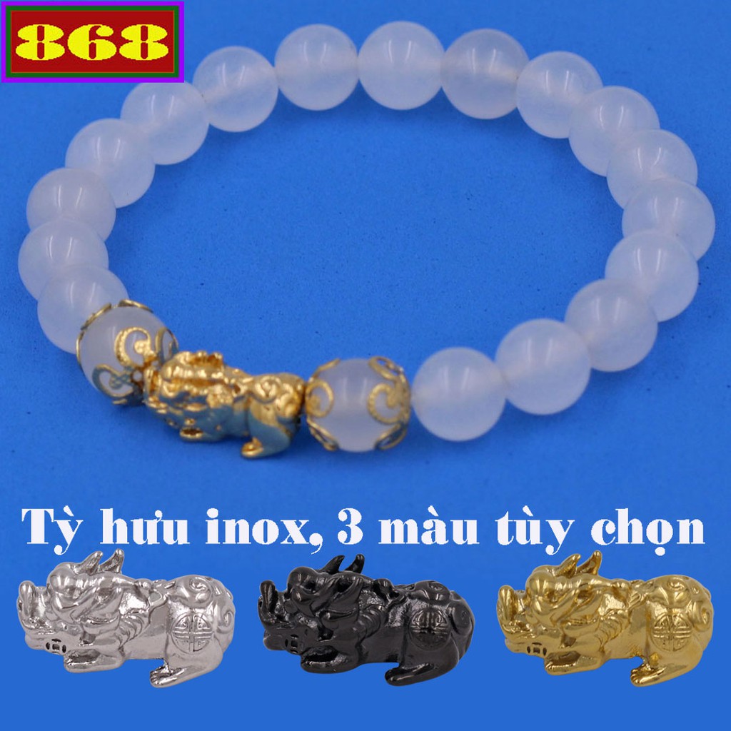 Vòng chuỗi đeo tay trắng size 8 ly tỳ hưu inox mix 2 khía VTATTHHKV8