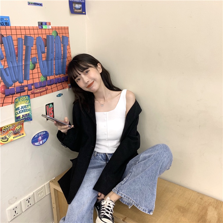 Áo lửng ZHELIHANGFEI dệt kim không tay hở rốn phối nút thời trang xuân hè dành cho nữ