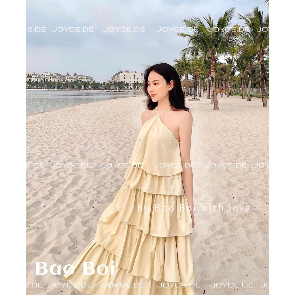 Váy lụa maxi đi biển đầm maxi dáng dài cổ yếm 5 tầng đi du lịch đi chơi