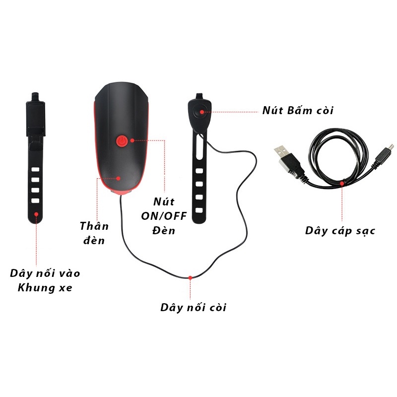 Đèn Pha Xe Đạp Có Còi/Kèn - Pin Mạnh 1200mAh - Sáng Tới 5 Giờ Liên Tục - 3 Chế Độ Sáng - Còi To - Chống Nước