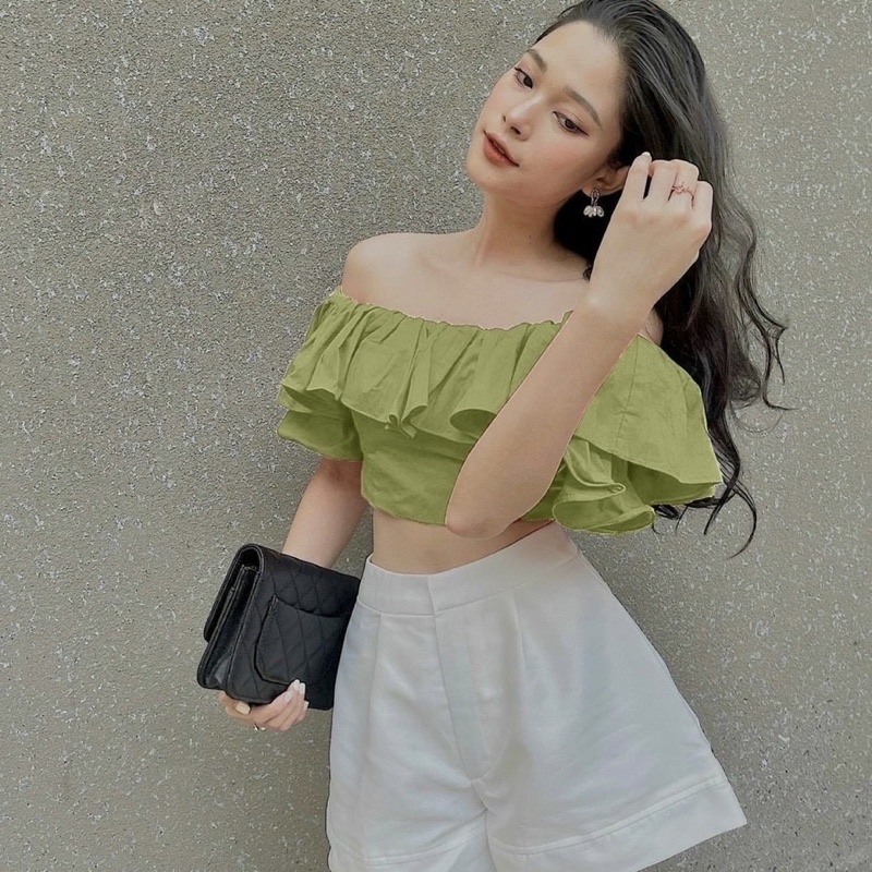 Áo croptop trễ vai tay phồng 2 lớp nhún lưng ôm dáng bánh bèo