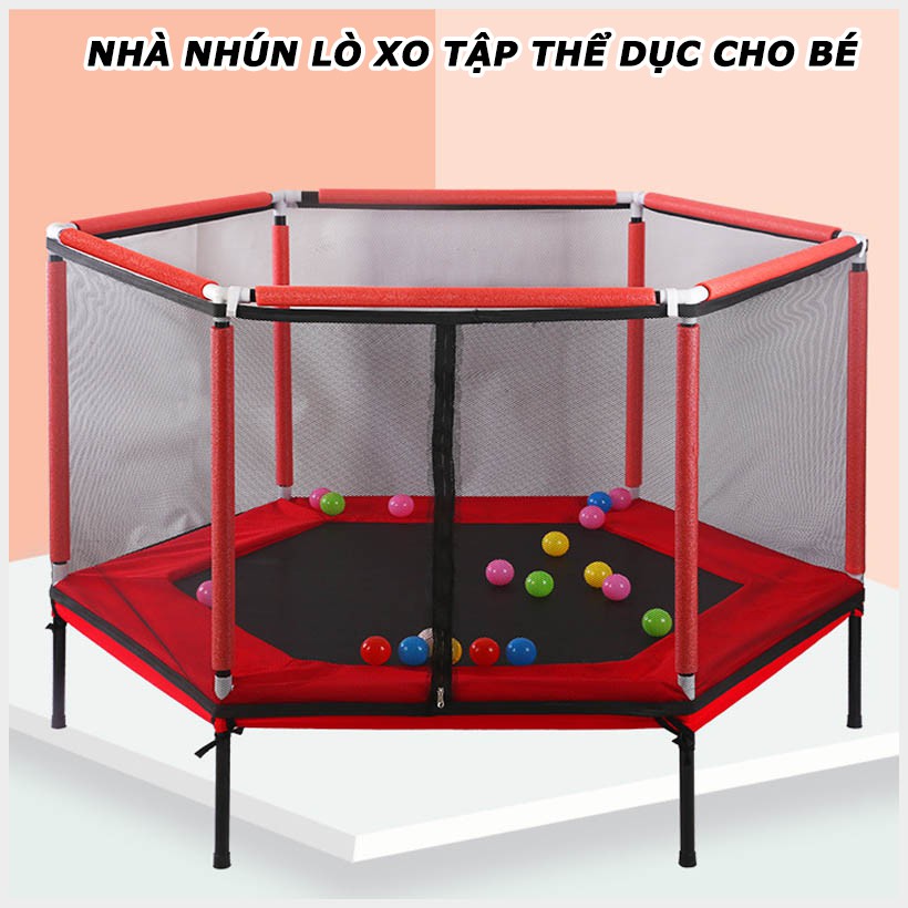 Nhà nhảy nhún, nhà bóng trẻ em, nhà nhún lò xo lục giác có lan can, đệm nhún lò xo cho bé siêu tiện lợi