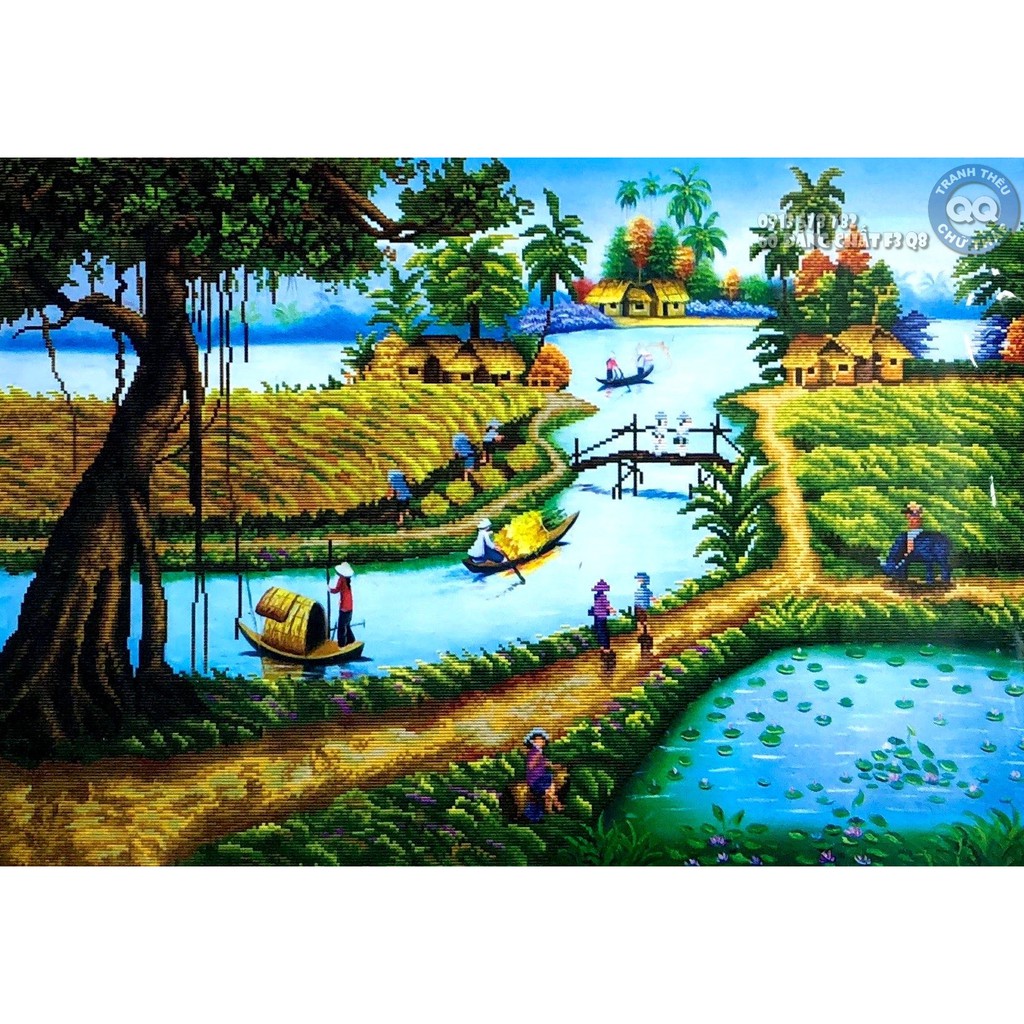 90x65cm TRANH THÊU PHONG CẢNH PHONG THỦY ĐỒNG QUÊ CHƯA LÀM 53212