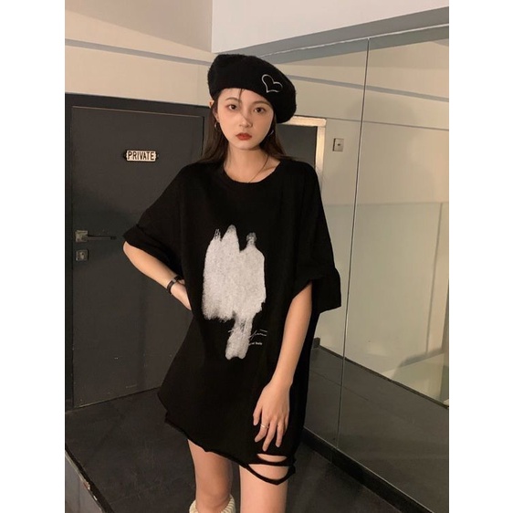 Áo thun PEWARN tay ngắn dáng rộng thiết kế rách phong cách Hàn Quốc thời trang mùa hè 2022