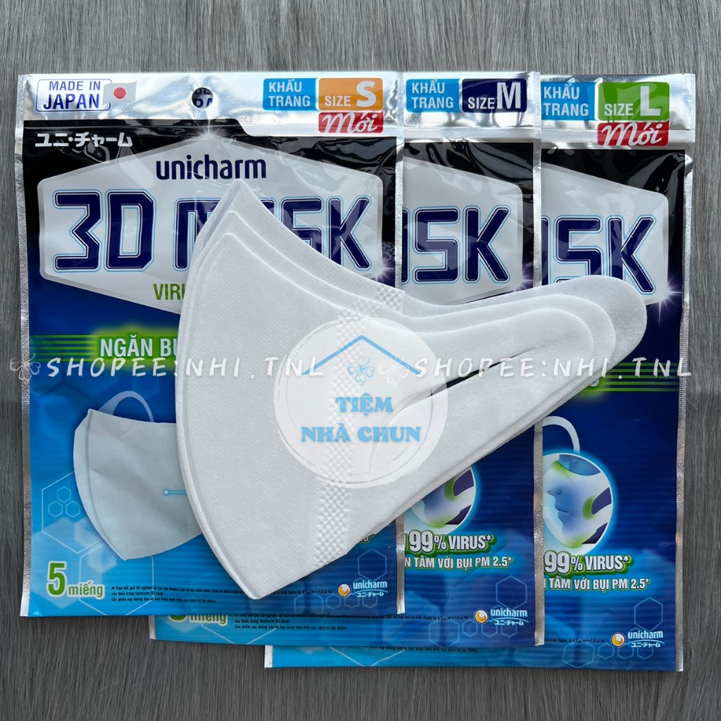 [CHÍNH HÃNG] Full Size S,M, L THÙNG 48 GÓI Khẩu Trang Unicharm 3D Mask Virus Block Nhật Bản Ngăn Vi Khuẩn (5 Miếng/ Gói)