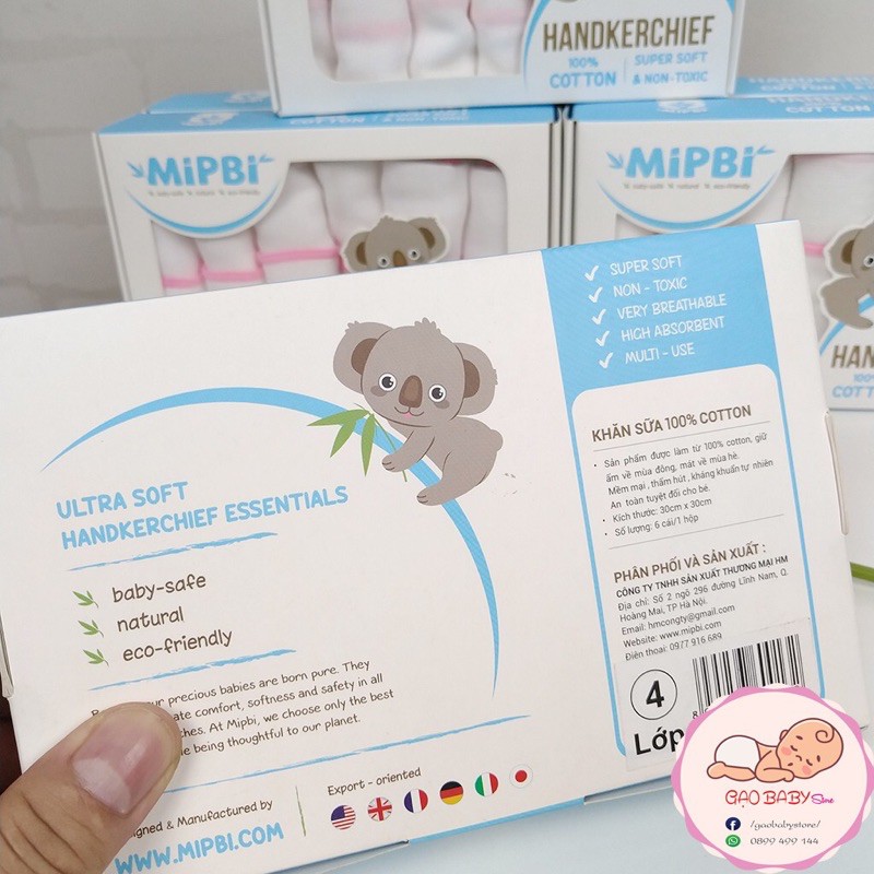 Khăn sữa xô cotton hộp Mipbi 3 lớp - 4 lớp