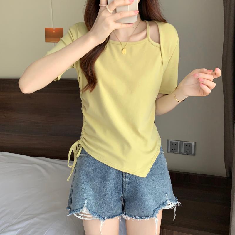 Áo thun tay ngắn giả hai lớp phối dây rút thời trang dành cho nữ JL-TX-117