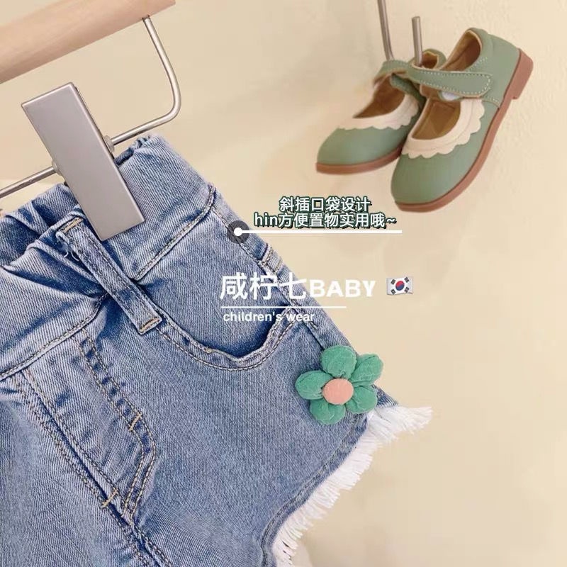 Set Áo Sơ Mi Ngắn Tay + Quần Short Denim Hoa Mẫu Mới Thời Trang Hè Phong Cách Hàn Quốc Cho Bé Gái