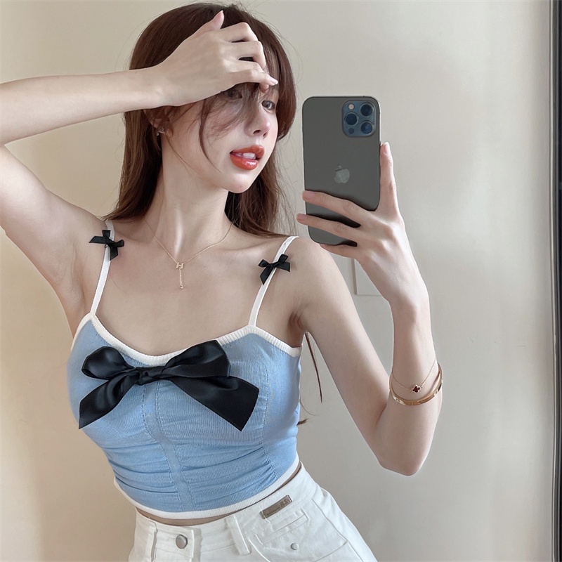 Áo Hai Dây Dáng Ngắn Phối Nơ Màu Tương Phản Thời Trang Mùa Hè Quyến Rũ