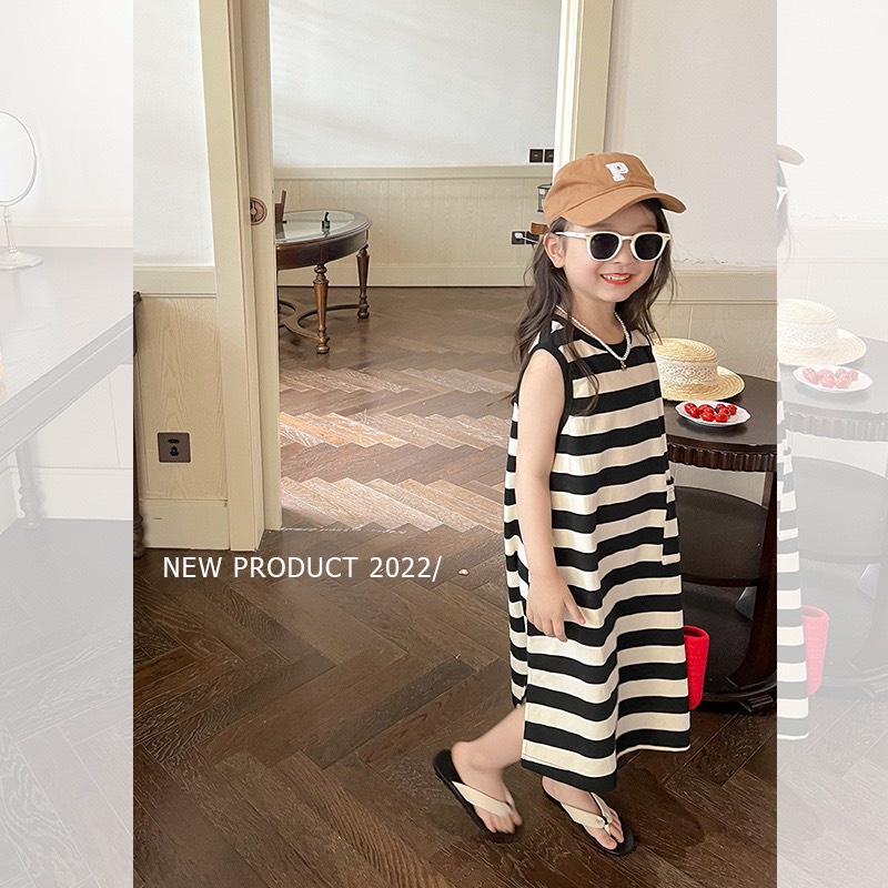 Đầm suông ba lỗ cọc tay phong cách Hàn Quốc cho bé D833