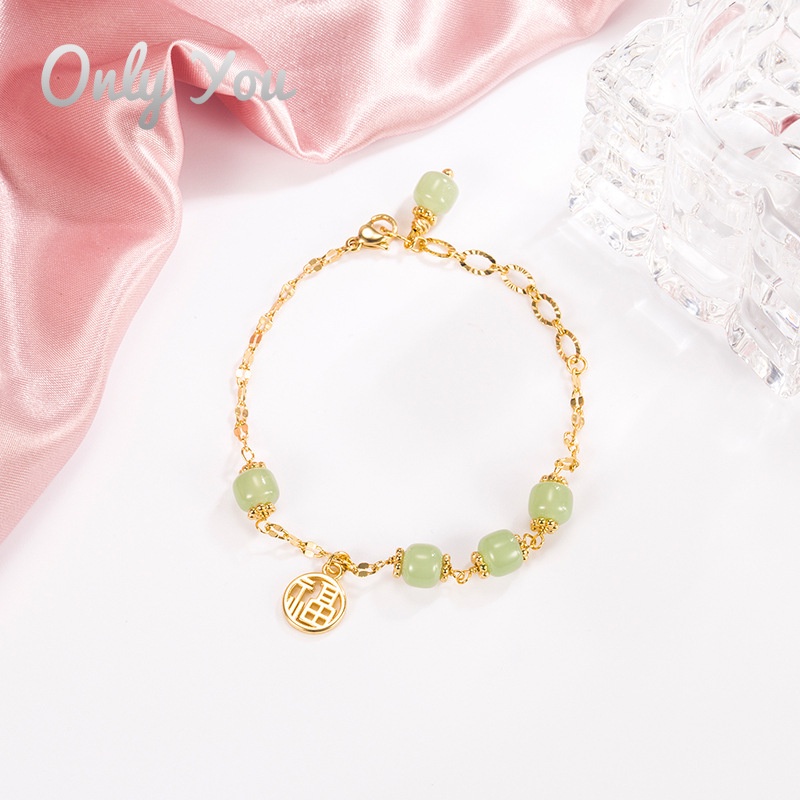 Vòng Tay Hai Lớp Mạ Vàng 18K Đính Đá Ngọc Bích Phong Cách Retro Sang Trọng