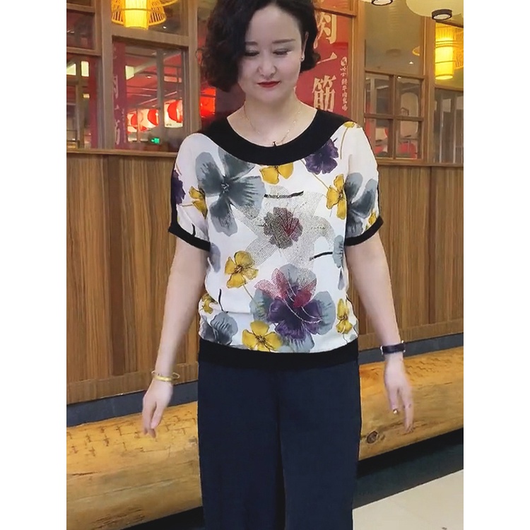Áo Thun Cánh Dơi Cho Bà, Cho Mẹ, Họa Tiết Hoa Bản To, Kết Hợp Đính Đá Theo Hoa Sang Trọng, Quý Phái, Có Size Đại 90 Kg