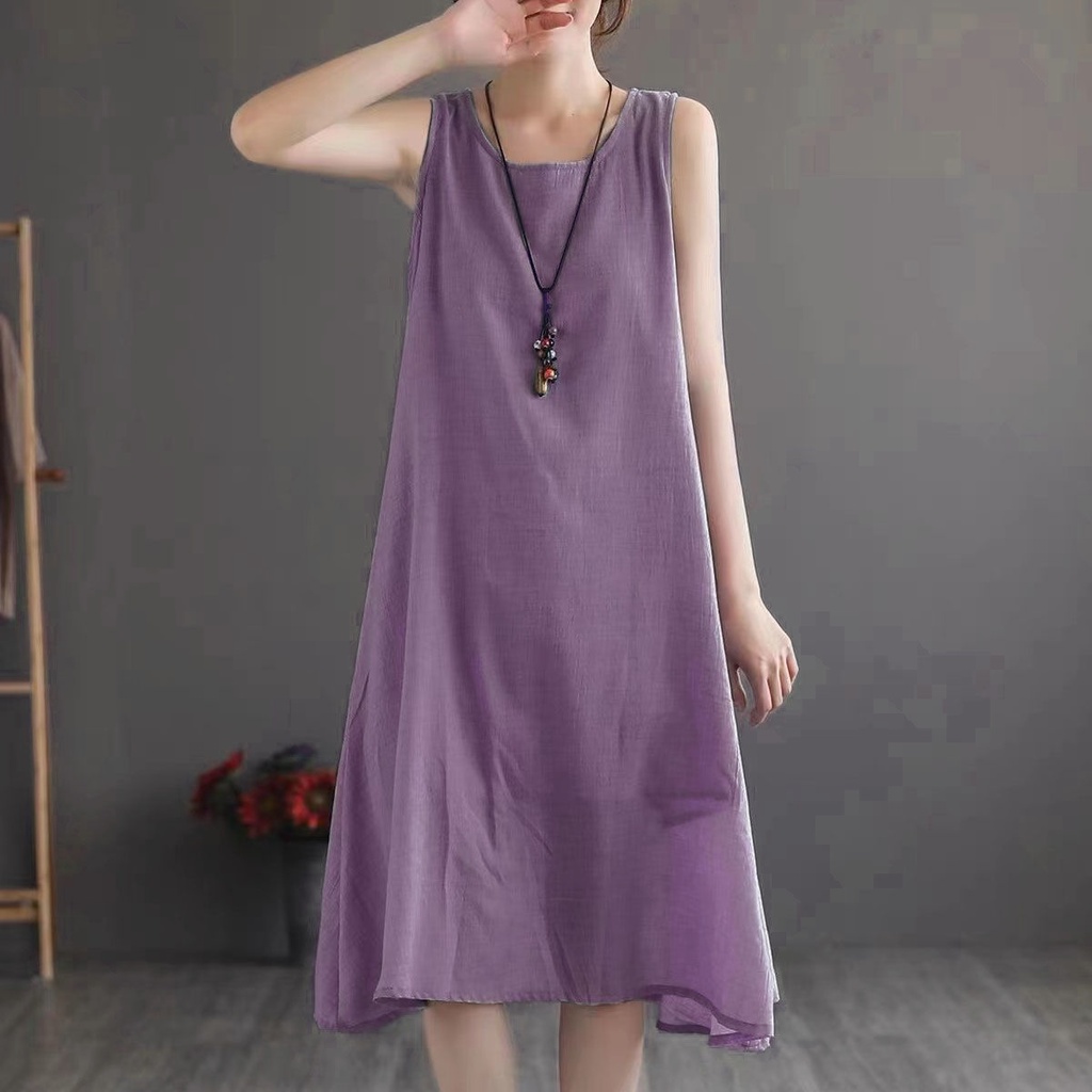 Đầm Dài Không Tay Chất Liệu Cotton Lanh Dáng Rộng Thời Trang Mùa Hè Dành Cho Nữ