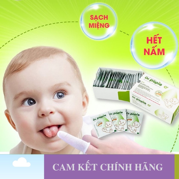 Gạc rơ lưỡi Dr Papie xỏ ngón vệ sinh răng miệng cho bé, Có tinh dầu lá hẹ thiên nhiên