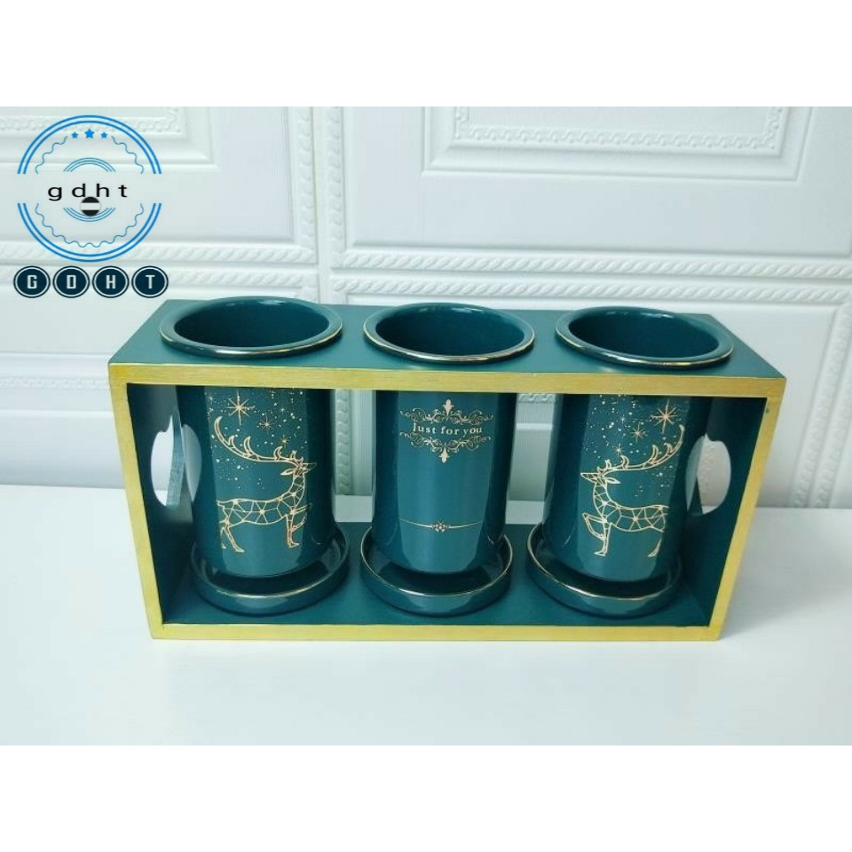 BỘ 3 ỐNG ĐỰNG ĐŨA THÌA BẰNG SỨ KÈM KHUNG GỖ