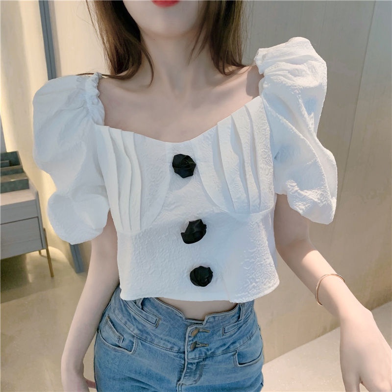 AMOI Áo Kiểu Cổ Vuông Tay Phồng Họa Tiết Sọc Caro Phong Cách Pháp Thời Trang Cho Nữ