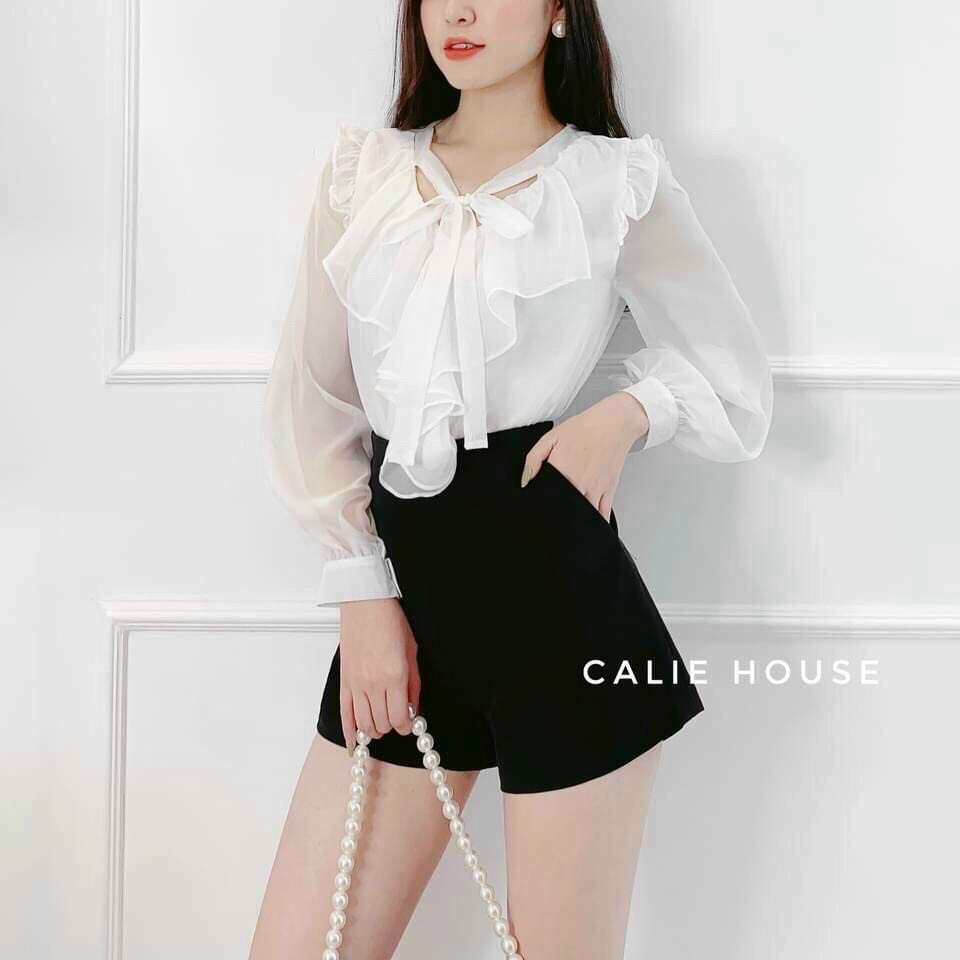 Áo sơ mi kiểu nữ viền bèo cột nơ 2 màu trắng kem