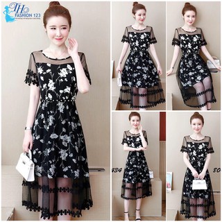 Đầm dự tiệc dạ hội váy ren xòe cổ tròn tay ngắn vải lụa hoa phủ ren lưới