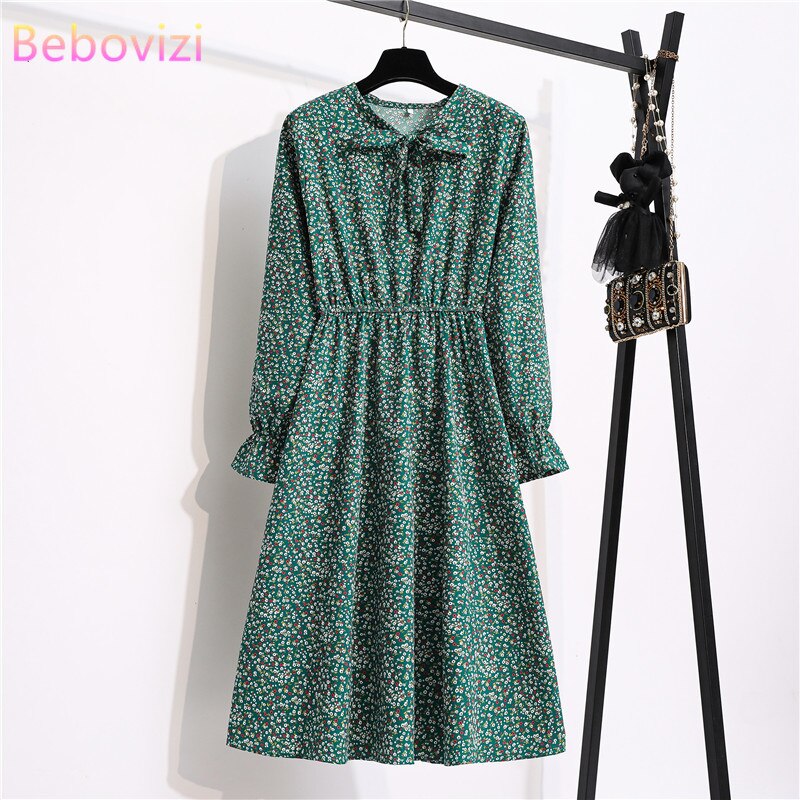 Office Polka High Elastic Waist Dress Women Vintage Autumn Summer Midi Dresses Chiffon Casual Floral Long Sleeve Ladies Vestidos