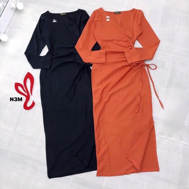 ĐAMF THUN ÔM BODY TAY DÀI CỔ TRÒN ĐẮP CHÉO RÚT DÂY