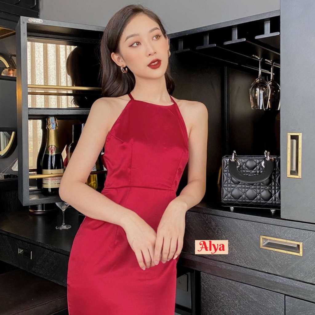 Đầm nữ cổ yếm đuôi cá 2 lớp ALYA đầm thiết kế body hở lưng có mút ngực chất phi lụa phi cao cấp