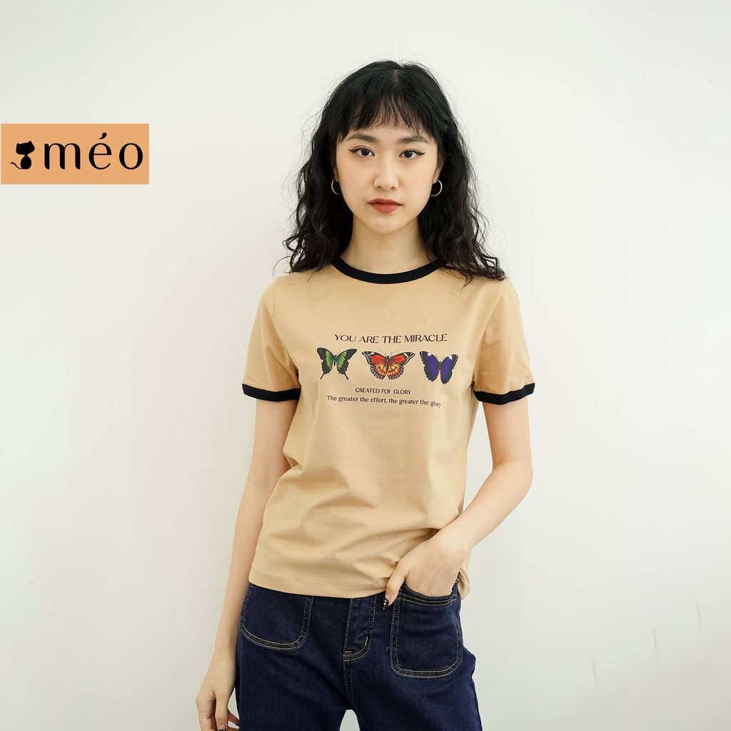 Áo thun tay lỡ Méo shop phông nữ cổ tròn cotton in chữ Miracle form rộng có size