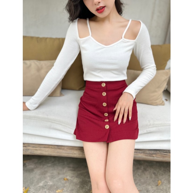 Áo kiểu thun tay dài cut out phần vai thời trang GAGO màu trắng GA3647