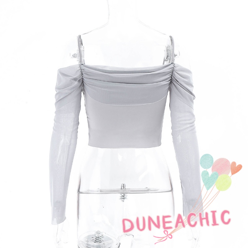 DUNEA Áo Croptop Tay Dài Trễ Vai Phối Lưới Phong Cách Quyến Rũ