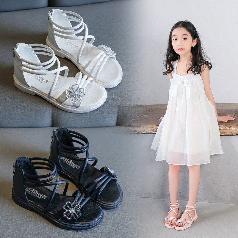 Giày sandal bé gái 3 - 10 tuổi kiểu cổ cao, quai chéo kết hợp khóa kéo da mềm thời trang