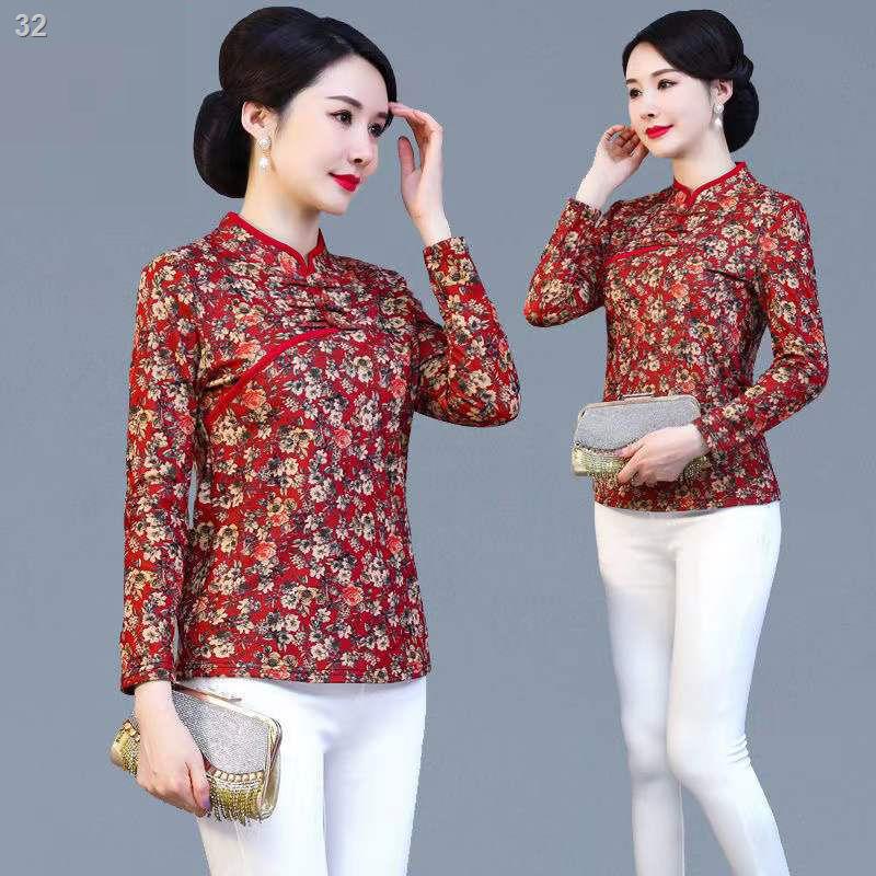 【2022】Phong cách retro mùa xuân và thu cho người trung niên cao tuổi cải tiến sườn xám dài tay áo sơ mi dưới cùng nước n