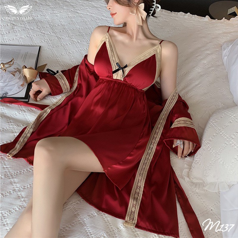 VINGO Set Váy Ngủ Hai Dây Kèm Áo Choàng Lụa Tay Dài Cao Cấp Phối Ren Kèm Nơ Nhỏ Xinh Gợi Cảm Sexy M137 VNGO