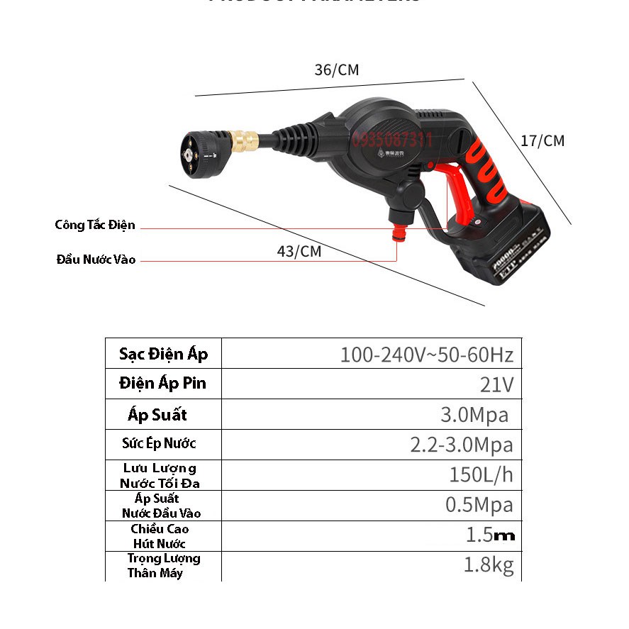 Máy Xịt Rửa Dùng Pin Sạc - Máy Rửa Xe Xài Pin 21V Chân Maki ta