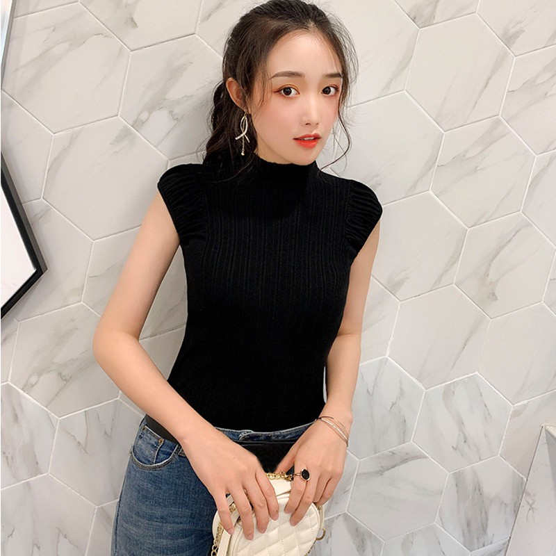 Áo Dệt Kim Nữ Sát Nách Cổ Lọ Màu Trơn