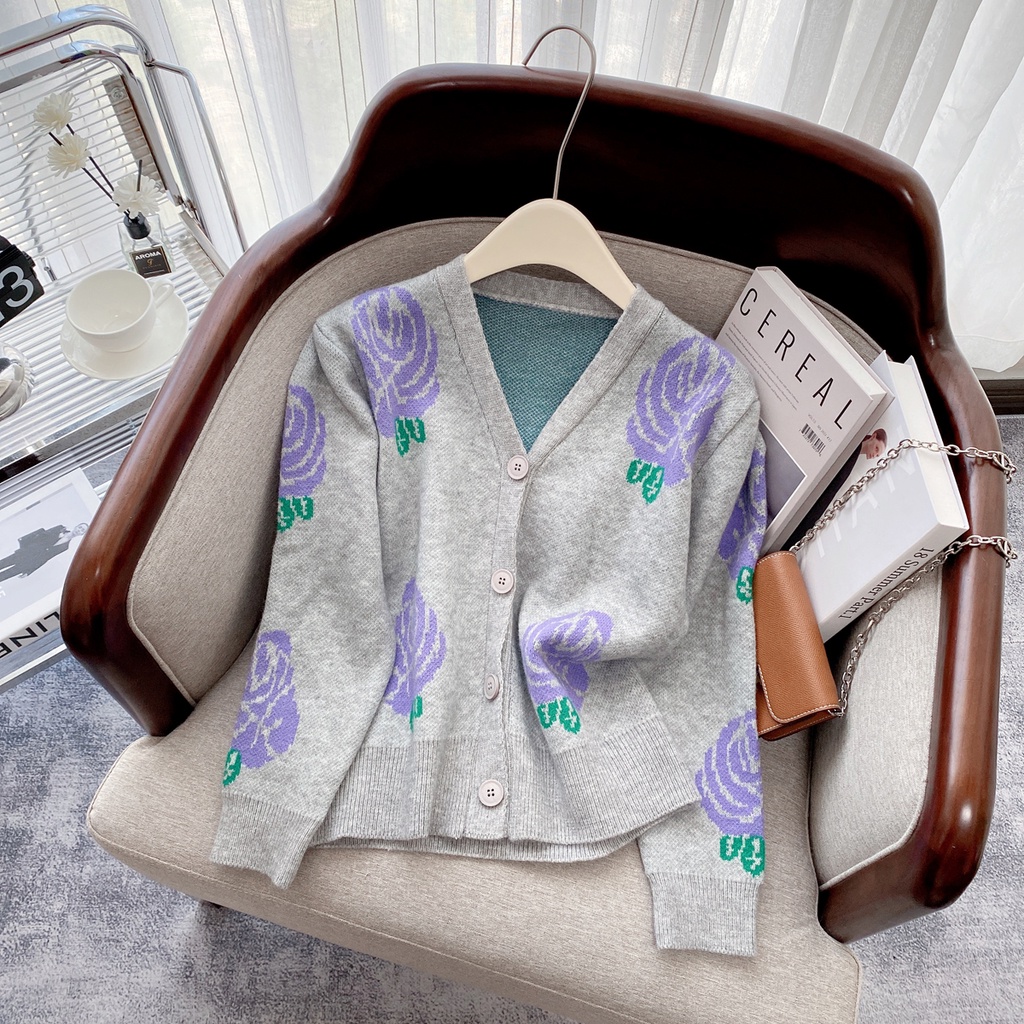 Áo Khoác cardigan Cổ Chữ V In Hoa Lãng Mạn Thời Trang Mùa Thu Mới Cho Nữ